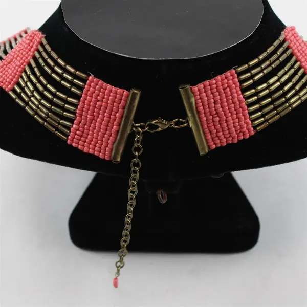 Multi-Strand Coral Pink and Brass-Tone Beaded Necklace 27"