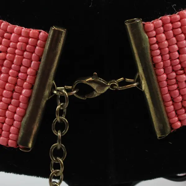 Multi-Strand Coral Pink and Brass-Tone Beaded Necklace 27"