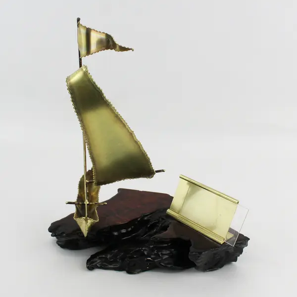  Brass Sailboat on Laminated Burl Wood Sculpture 