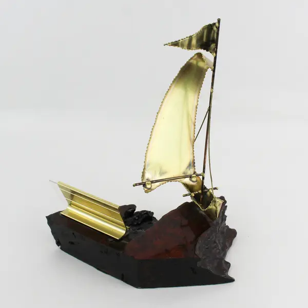  Brass Sailboat on Laminated Burl Wood Sculpture 