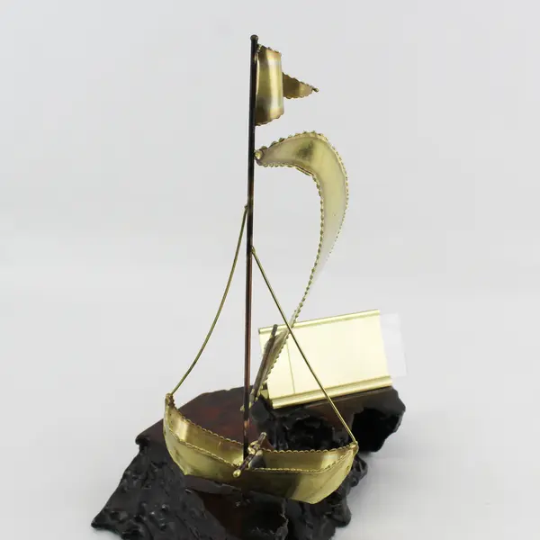  Brass Sailboat on Laminated Burl Wood Sculpture 