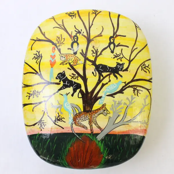 Vintage Kashmir Hand-Painted Lacquered Jungle Trinket Box Collectible