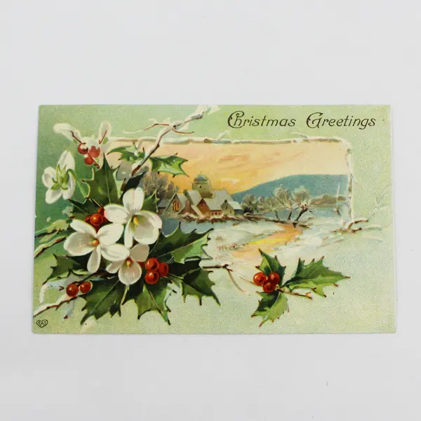 Vintage 1908 Christmas Greetings Greeting Card Holly Village Postcard EAS