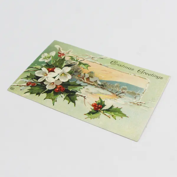 Vintage 1908 Christmas Greetings Greeting Card Holly Village Postcard EAS