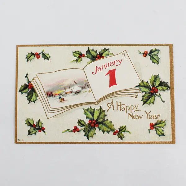A Happy New Year Holiday Greeting Card Embossed Postcard Holly Village Scene