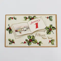 A Happy New Year Holiday Greeting Card Embossed Postcard Holly Village Scene
