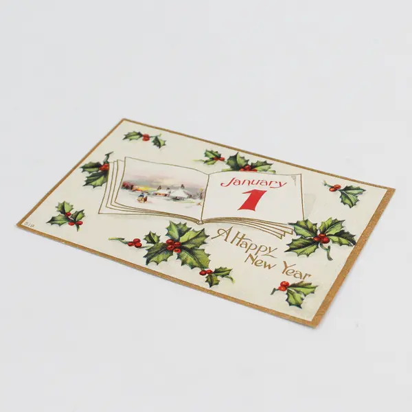A Happy New Year Holiday Greeting Card Embossed Postcard Holly Village Scene