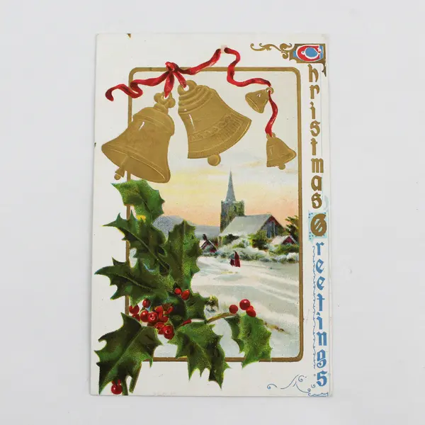 1909 Christmas Greetings Bells Holly Church Embossed Postcard