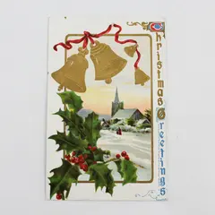 1909 Christmas Greetings Bells Holly Church Embossed Postcard