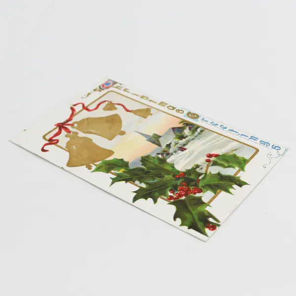 1909 Christmas Greetings Bells Holly Church Embossed Postcard