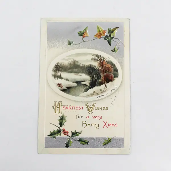 1909 Heartiest Wishes For A Very Happy Xmas Holly Ivy Stream Embossed Postcard 