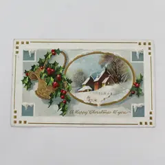 Vintage 1910 A Happy Christmas To You Holly Snowy Scene Embossed Postcard
