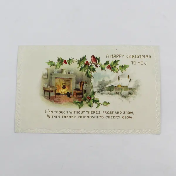 Vintage 1910 A Happy Christmas To You Holly Hearth Snow Embossed Postcard