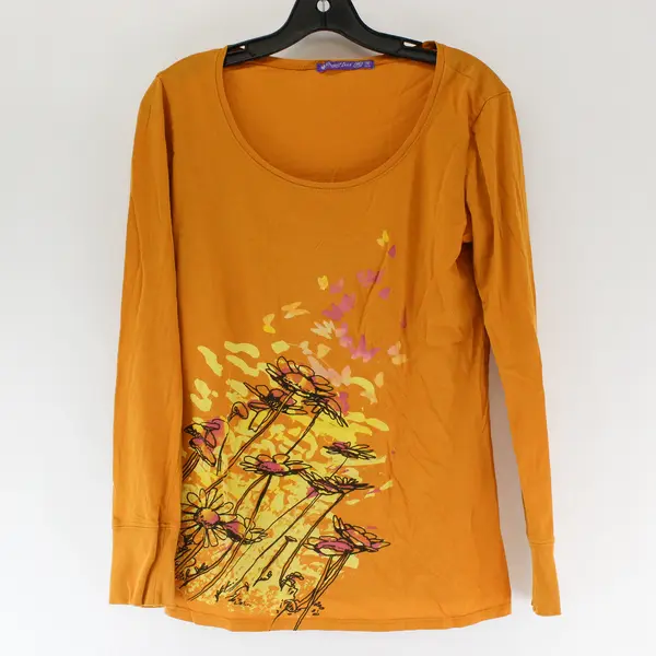 Project Iris Orange Floral Print Long Sleeve T-Shirt 100% Cotton Women's Size M