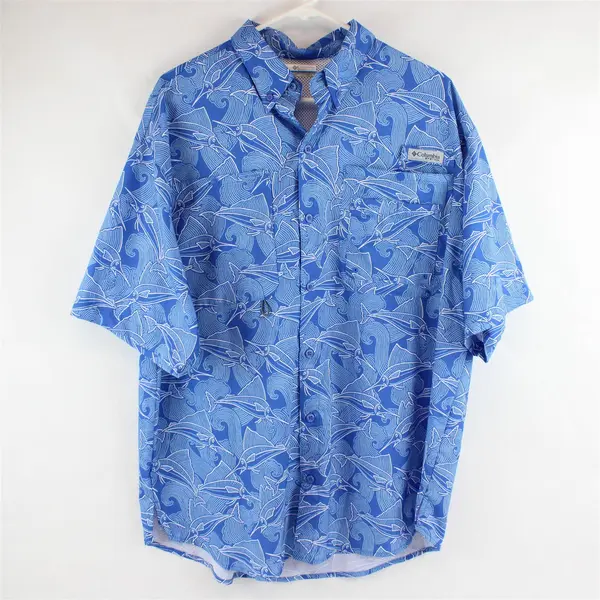 Columbia Blue Swordfish Marlin Print Short-Sleeved Button-Down Men's Large