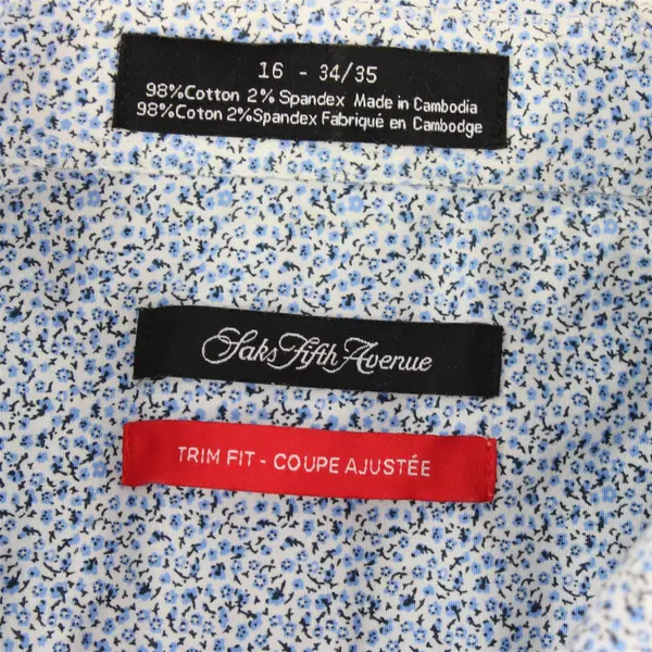 Saks Fifth Avenue Blue & White Floral Pattern Button-Up Men's Size 16 34/35