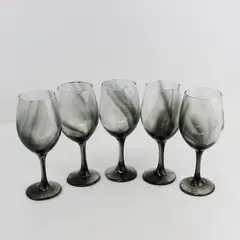 Set of 5 Libbey Smoky Gray Swirl Wine Glasses 9"