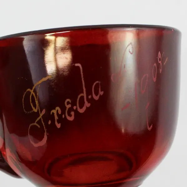 Ruby Red Flash Cup With A Name And Date Of 1908