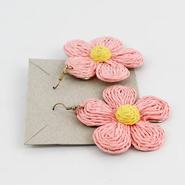 Unbranded Pink Yellow Raffia Flower Statement Dangle Earrings Lightweight