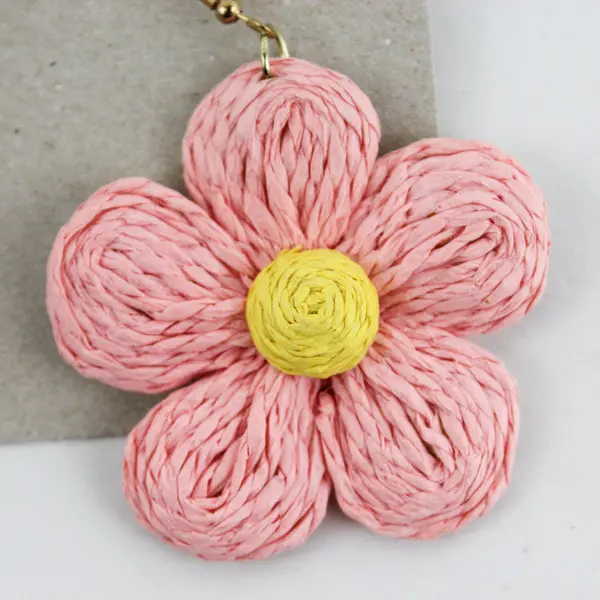 Unbranded Pink Yellow Raffia Flower Statement Dangle Earrings Lightweight