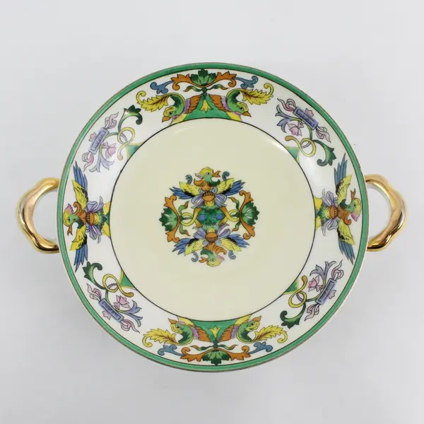 Hand Painted Noritake Gold Trim Handled Phoenix Koi Bowl