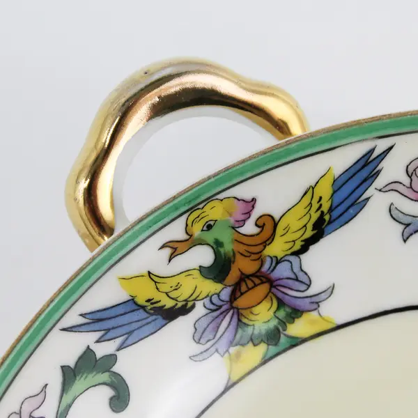 Hand Painted Noritake Gold Trim Handled Phoenix Koi Bowl