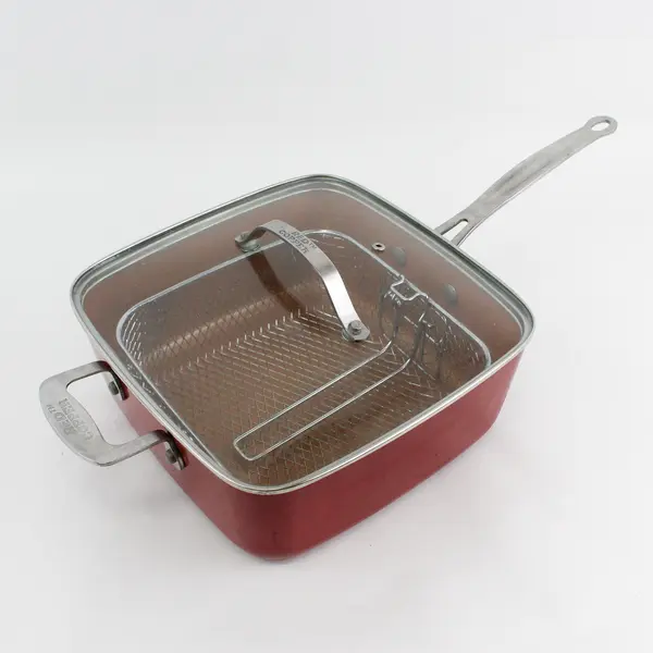 Red Copper 11" Square Pot Pan with Clear Lid & Fry Basket