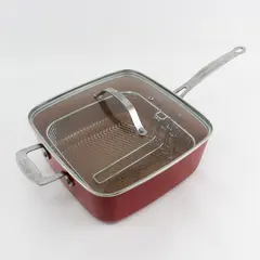 Red Copper 11" Square Pot Pan with Clear Lid & Fry Basket