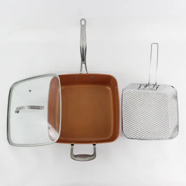 Red Copper 11" Square Pot Pan with Clear Lid & Fry Basket