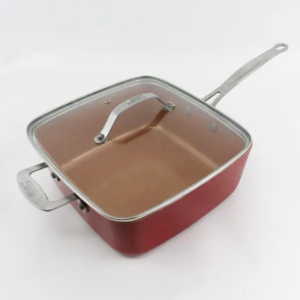Red Copper 11" Square Pot Pan with Clear Lid & Fry Basket