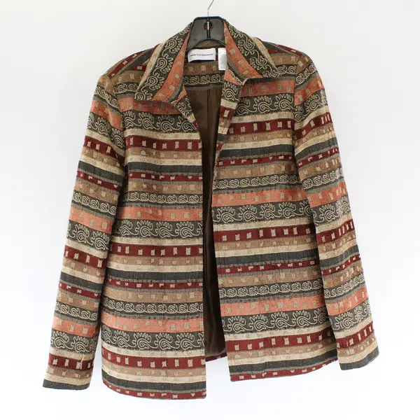 Vtg Alfred Dunner Women's Size 8 Brown Hues Tapestry Beaded Open Front Jacket