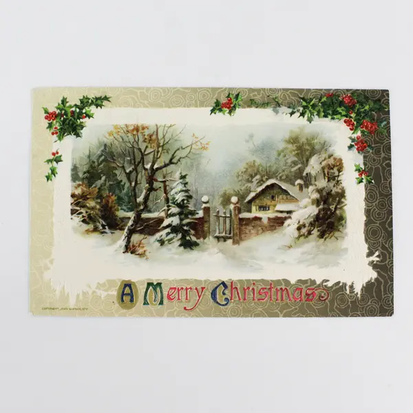 1910 A Merry Christmas Snowy House Scene John Winsch Embossed Postcard Holly
