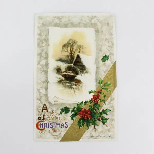1910 A Joyful Christmas Snowy Mill Scene John Winsch Embossed Postcard Holly