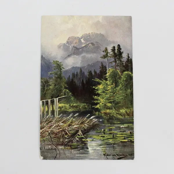 Vintage 1905 M. Muller Mountain Lake Landscape Painting Art Postcard 