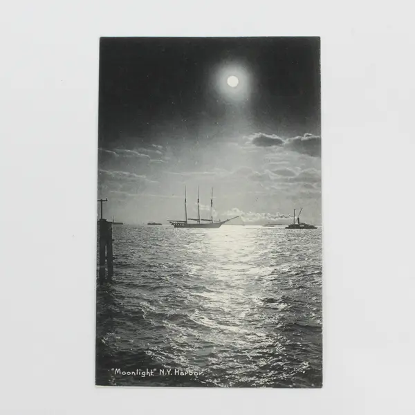 Vintage 1905 Moonlight NY Harbor Litho Postcard Rotograph