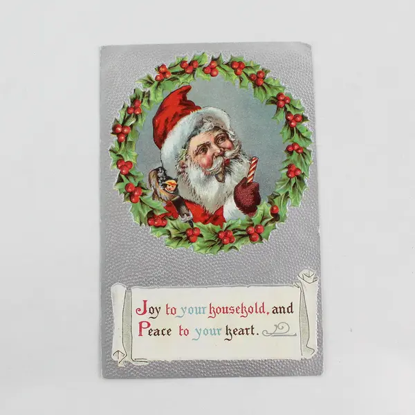 1908 Santa Claus Pipe Candy Cane Holly Wreath Embossed Postcard Corvallis OR 