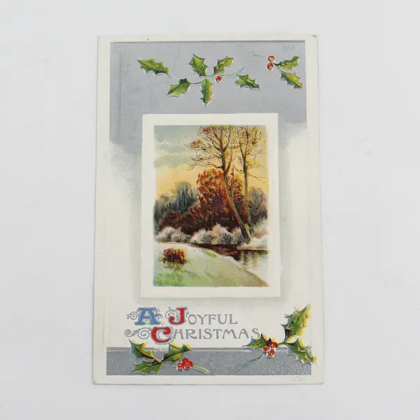 1910 A Joyful Christmas Greeting Card Holly Rural Scene Postcard