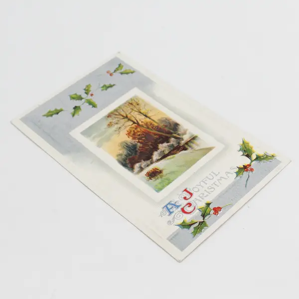 1910 A Joyful Christmas Greeting Card Holly Rural Scene Postcard
