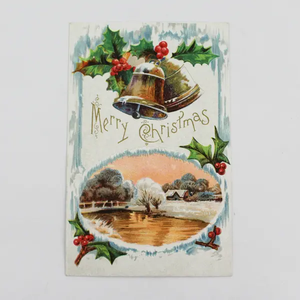 Vintage 1910 Merry Christmas Embossed Postcard Bells Holly River Scene