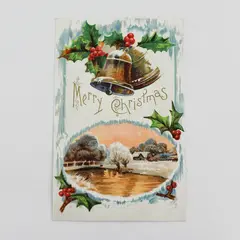 Vintage 1910 Merry Christmas Embossed Postcard Bells Holly River Scene