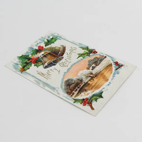 Vintage 1910 Merry Christmas Embossed Postcard Bells Holly River Scene