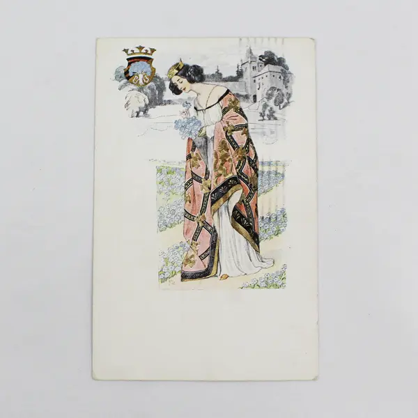 Vintage 1909 Woman In Gown With Flowers Art Postcard Wappen Germany Crest 