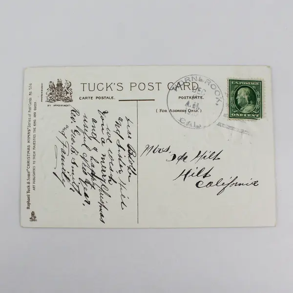 1910 Christmas Greetings Poem Embossed Postcard Hornbrook California Postmark