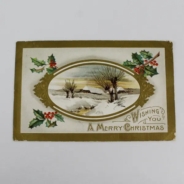 Vintage 1911 Wishing You A Merry Christmas Holly Snow Scene Embossed Postcard 