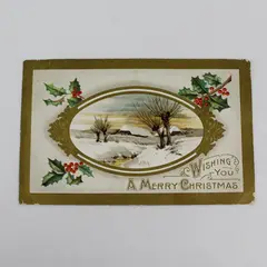 Vintage 1911 Wishing You A Merry Christmas Holly Snow Scene Embossed Postcard 