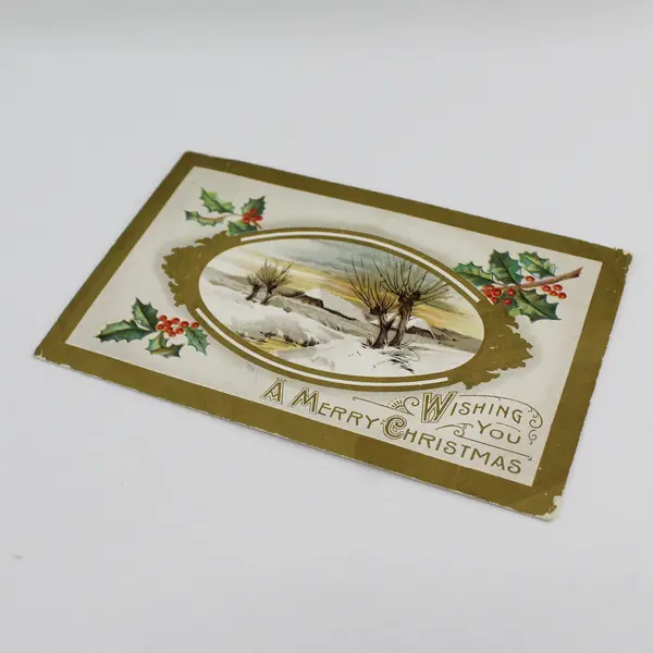 Vintage 1911 Wishing You A Merry Christmas Holly Snow Scene Embossed Postcard 