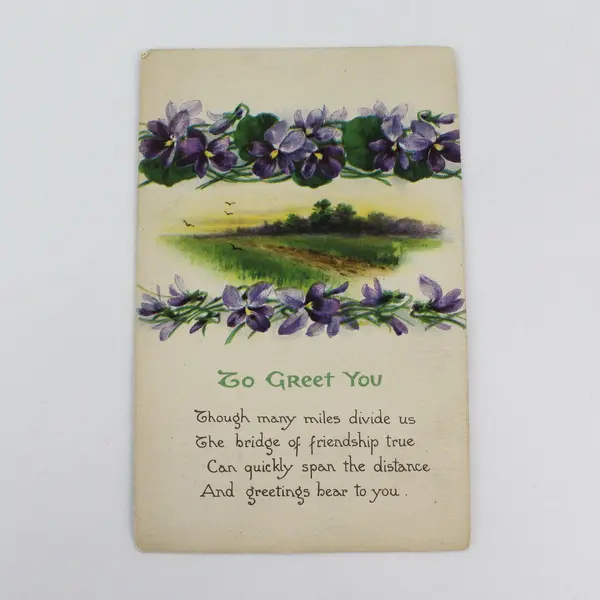 Vintage To Greet You Violets & Landscape Greetings Card Postcard 1914