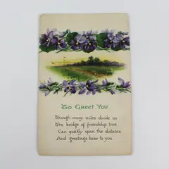 Vintage To Greet You Violets & Landscape Greetings Card Postcard 1914