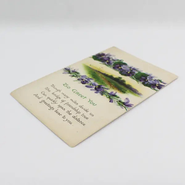 Vintage To Greet You Violets & Landscape Greetings Card Postcard 1914