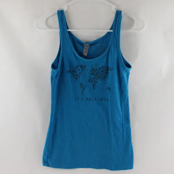 Next Level Brand Solid Blue "It's Only Love" Black Printed Tank Top Women's Sz M